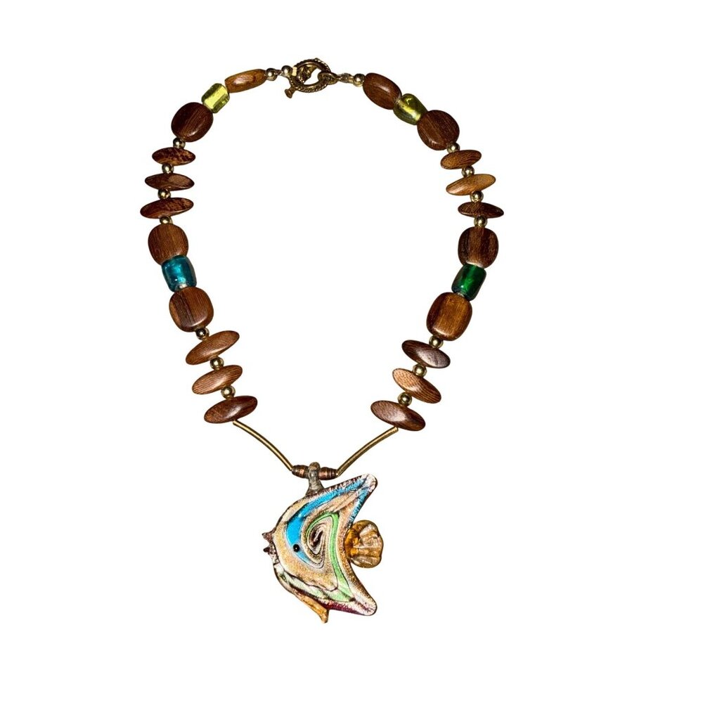 Handcrafted Wood Bead Necklace With Multicolored Glass Fish Pendant & Toggle Cla
